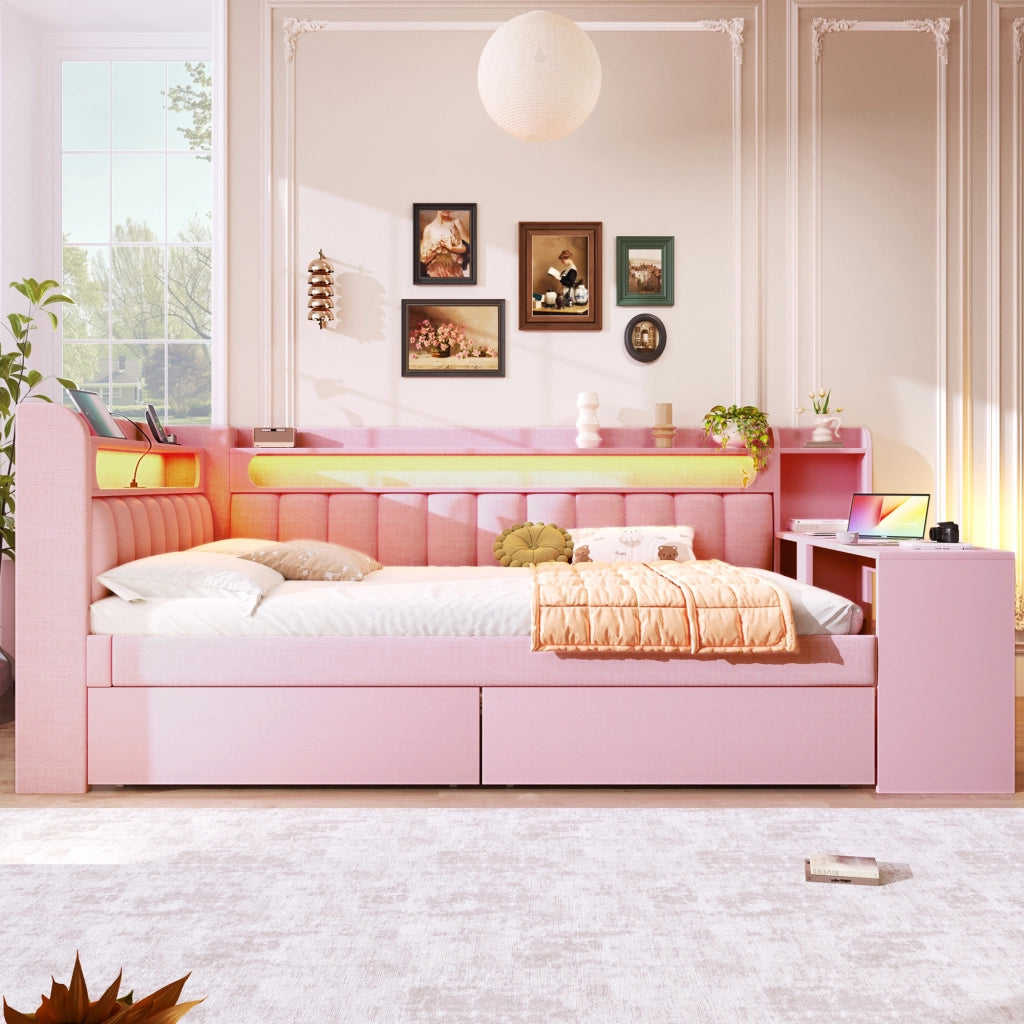 Letto Imbottito con Scrivania e 2 Cassetti, LED e USB ¨C MINIMAL ¨C 140x200 Rosa