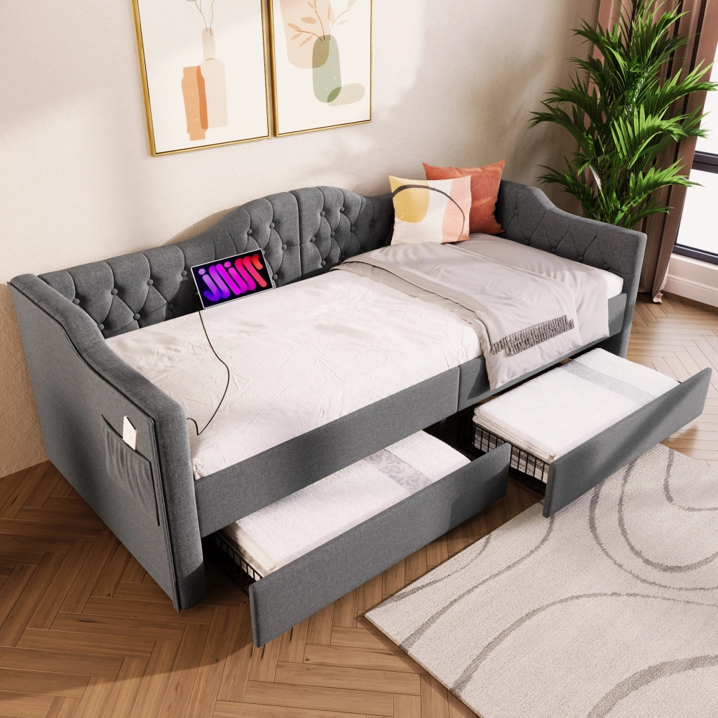 Letto singolo imbottito 90x200 cm con due cassetti; USB-C e struttura in lino grigio
