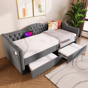 Letto singolo imbottito 90x200 cm con due cassetti; USB-C e struttura in lino grigio