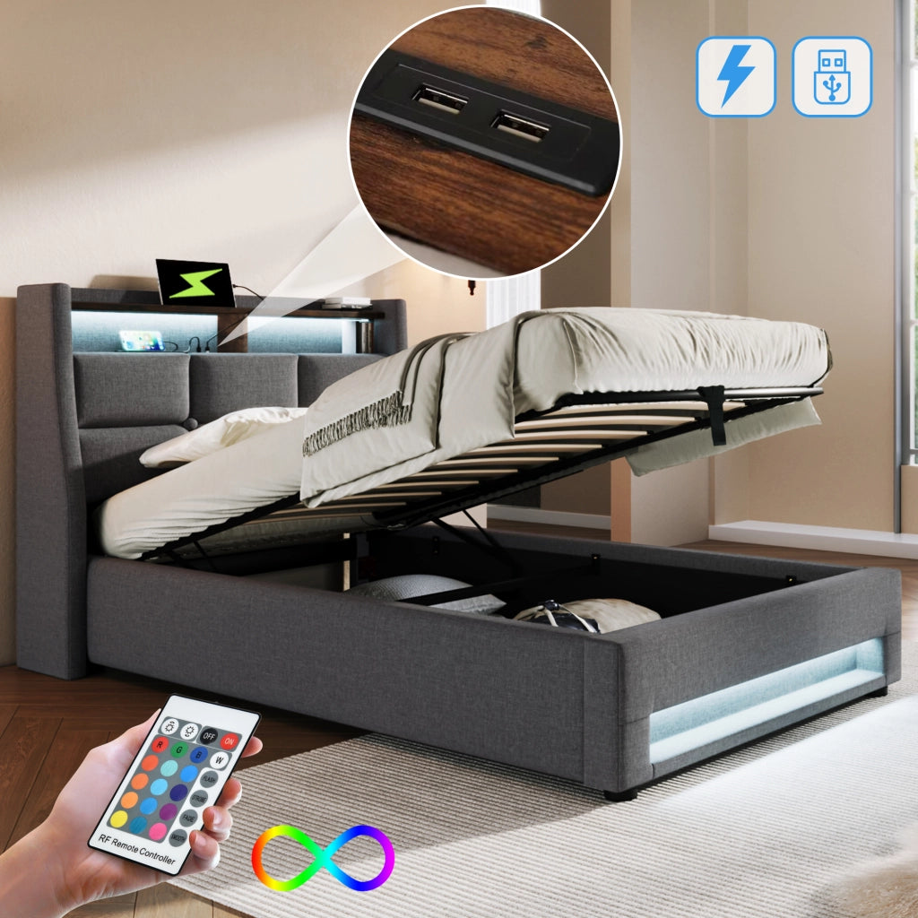 Letto singolo imbottito 90x200 cm con contenitore e luci LED