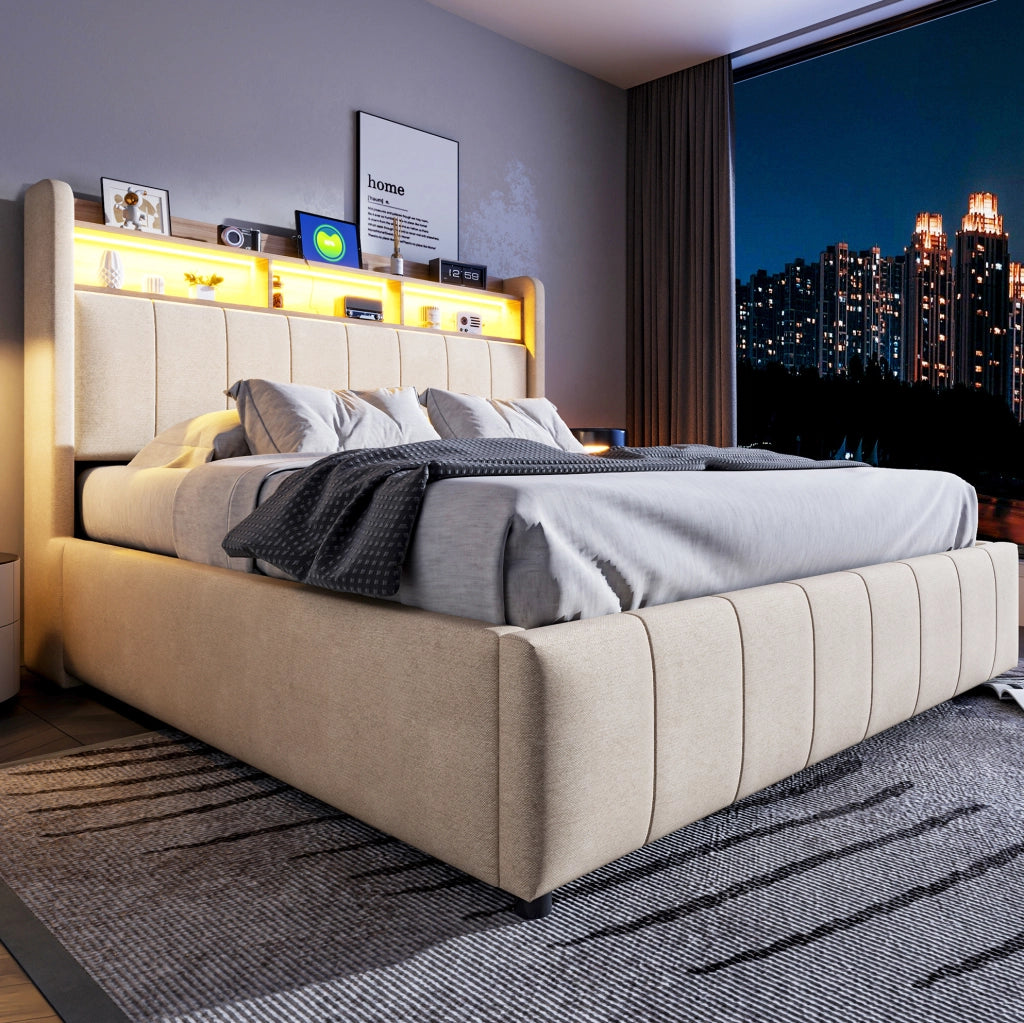 Letto imbottito 160x200 cm con LED; USB e Type-C; contenitore idraulico beige