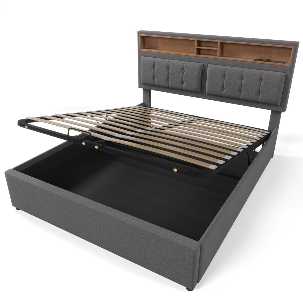 Letto contenitore imbottito 140x200 grigio con prese USB