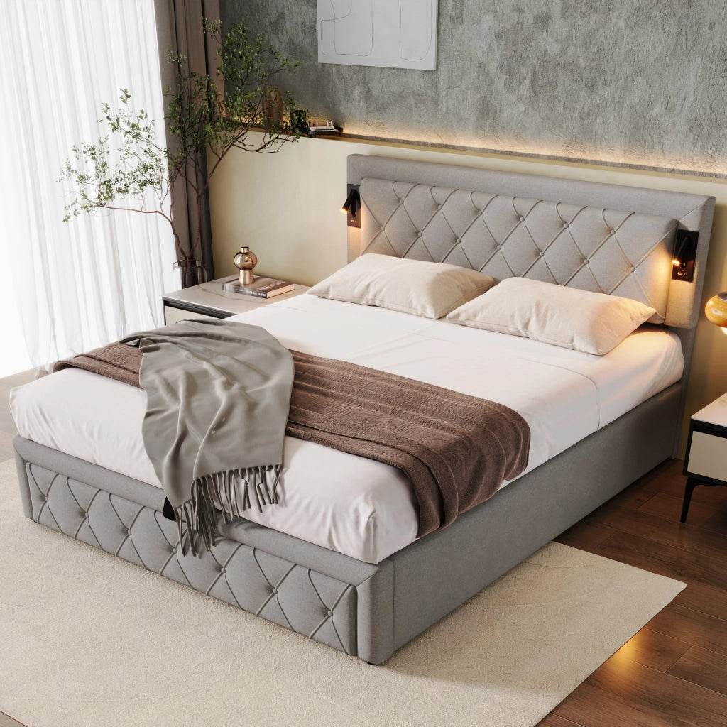 Letto matrimoniale contenitore 160 × 200 cm con luci da lettura, USB e apertura idraulica, senza materasso, grigio