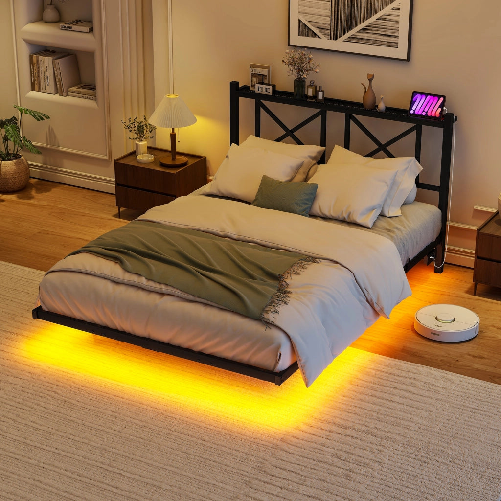 Letto 120 × 200 cm in metallo con testiera contenitore LED e stazione di ricarica nero