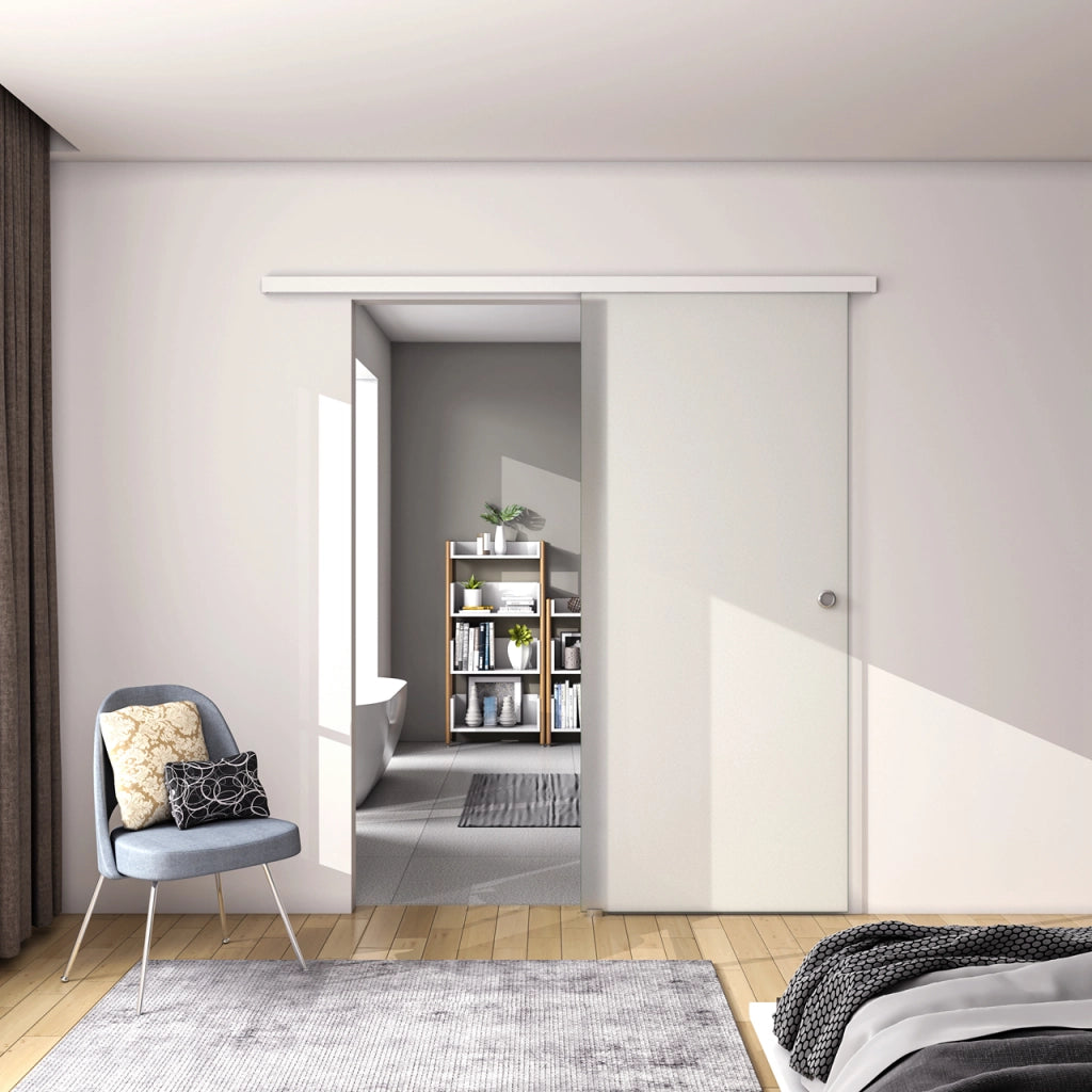 80x225 cm Porta Scorrevole in Vetro da 8 mm Temperato Opaco con Pellicola Anti-frantumi con Binario in Alluminio Bianco Verniciato