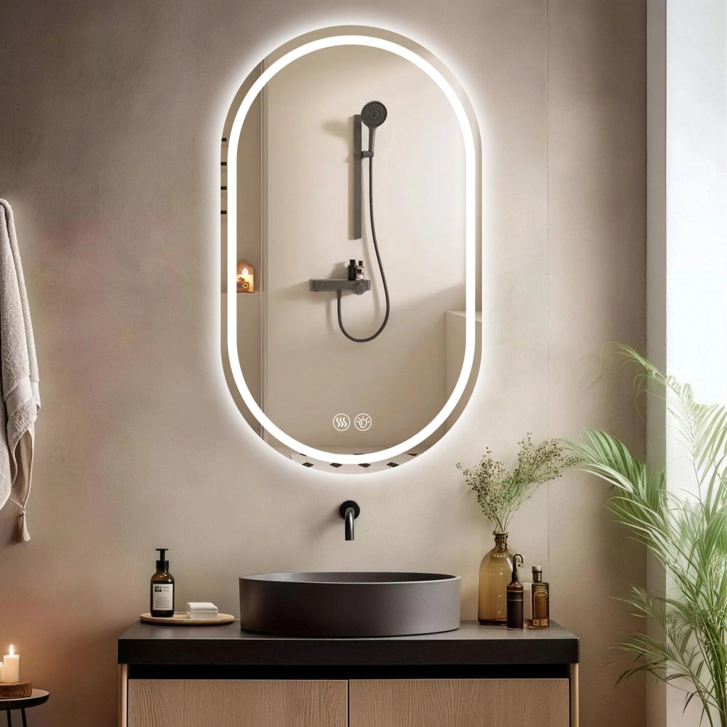 Specchio da bagno LED 60x90 cm da parete con antiappannamento; luce regolabile a 3 tonalità; vetro e metallo argento