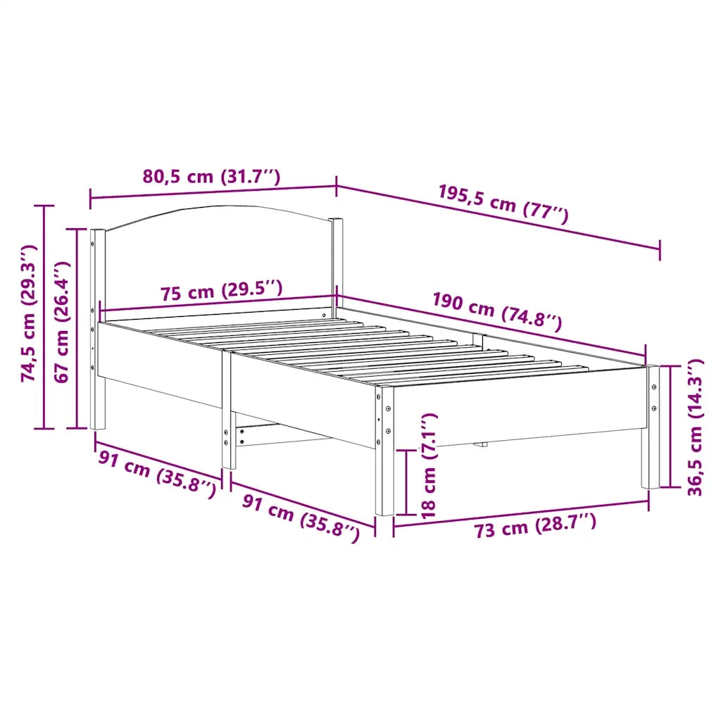 Letto singolo | Letto per adulti | Letto senza Materasso 75x190 cm in Legno Massello Pino