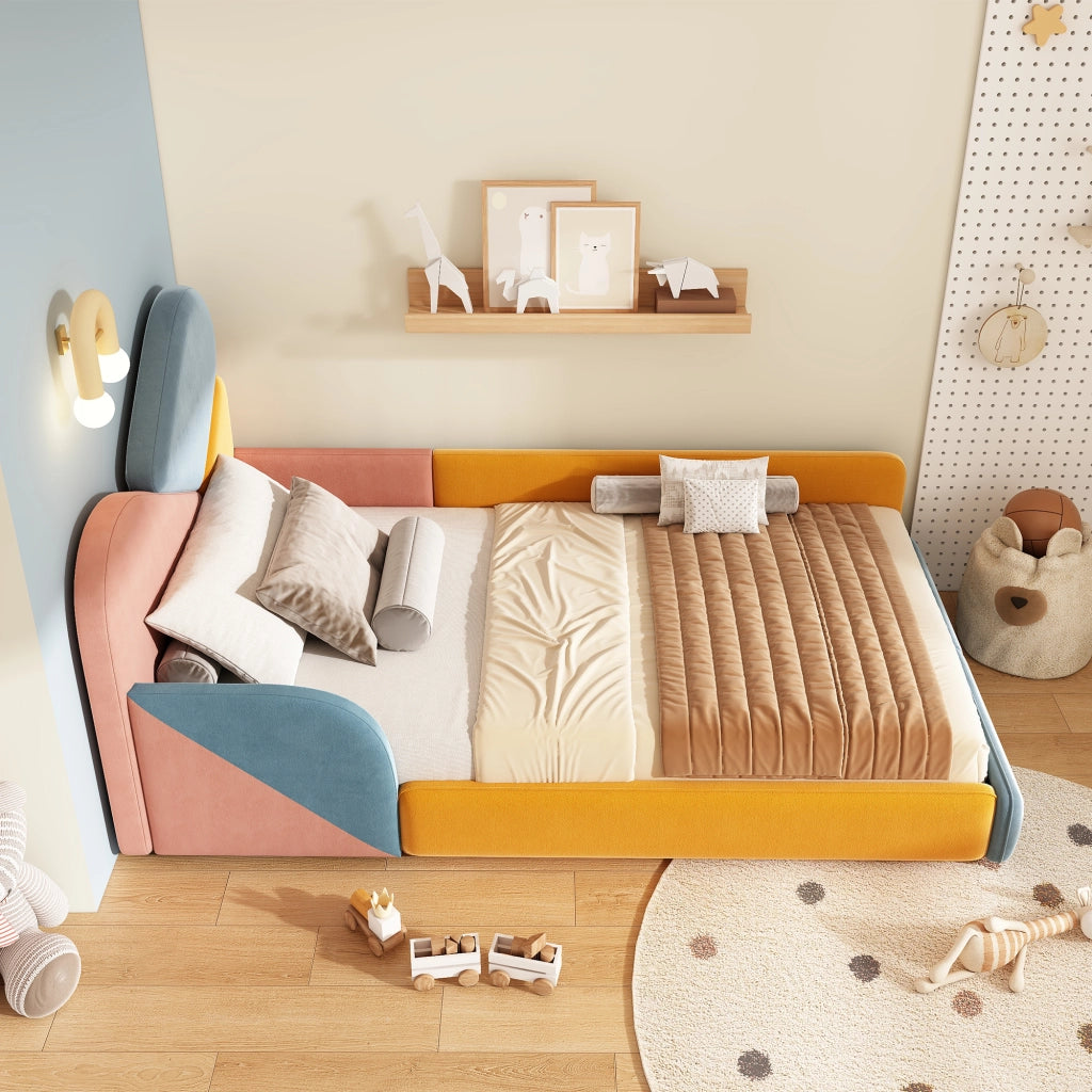 Letto per bambini 90 × 200 cm imbottito in velluto blu multicolore con sponde laterali alte