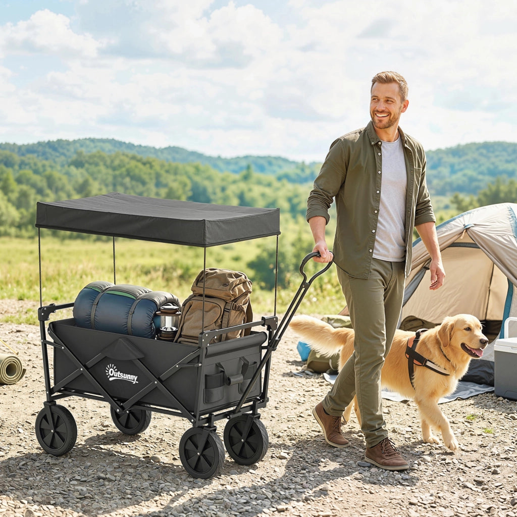 Carrello da trasporto pieghevole con tettuccio, telaio in acciaio nero, capacità 110L, 97x52x105 cm, robusto e salvaspazio