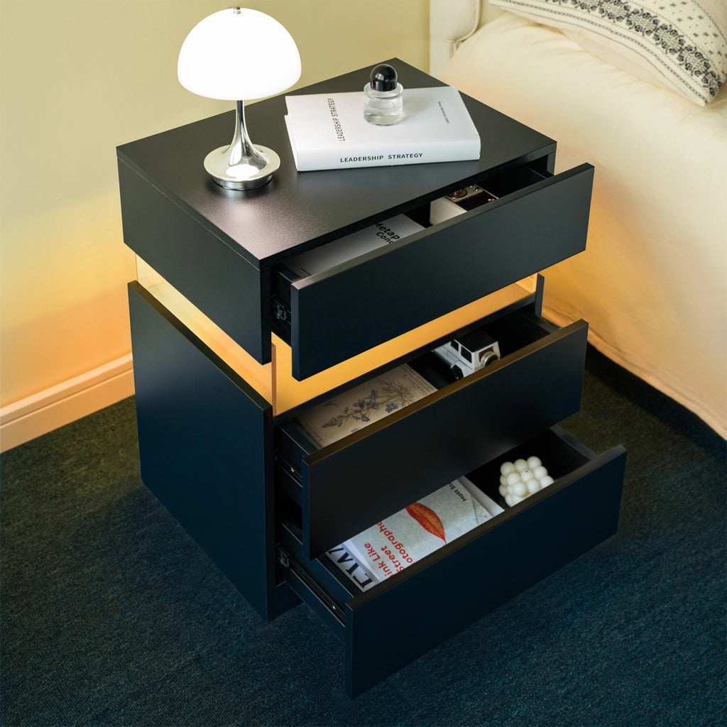 COMODINO LED 3 Cassetti Nero in Legno ingegnerizzato