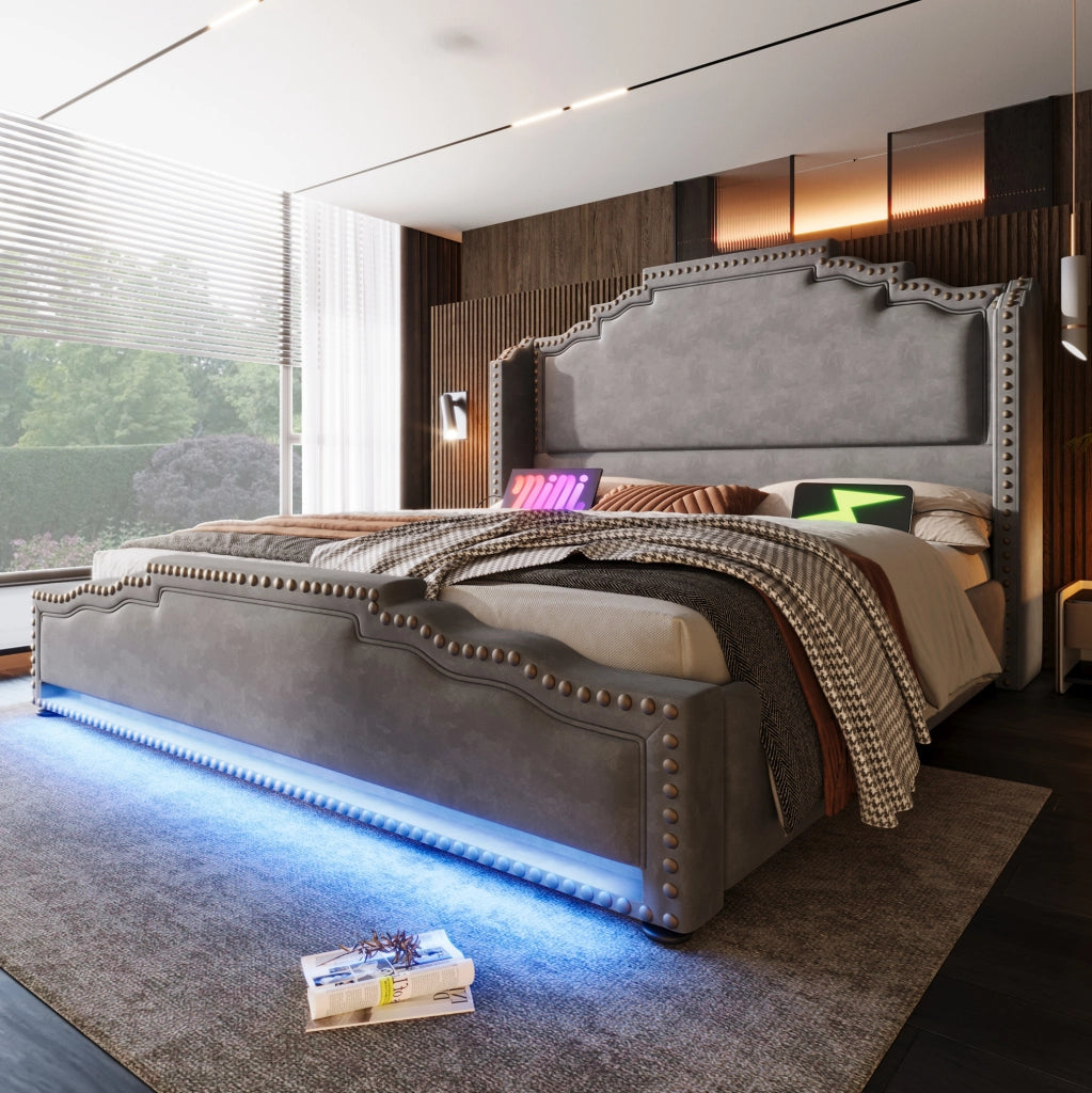 Letto matrimoniale con LED, USB-C e 4 cassetti