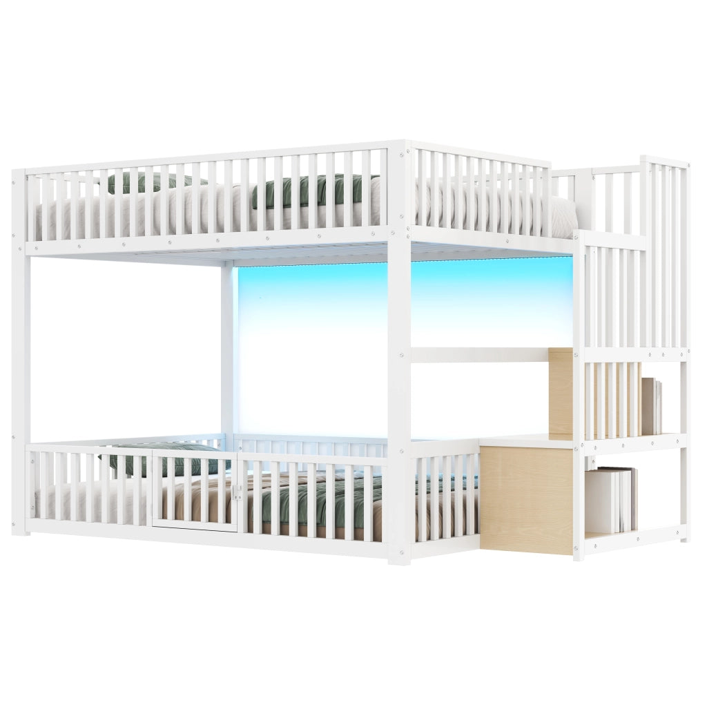 Letto a castello 140 × 200 cm a due livelli con scala contenitore e LED in metallo e MDF bianco