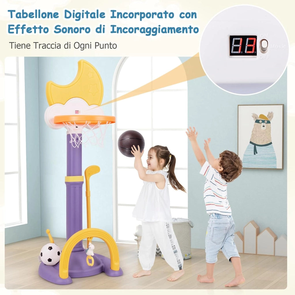 4 in 1 Canestro da Basket per Bambini, Centro di Attività Sportiva Regolabile con Basket Calcio Golf e Gioco del Lancio dell'Anello, per Interno ed Esterno, 3 Anni+ (Giallo)