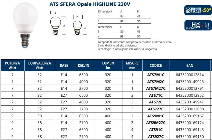 Lampada ai l.fredda fluor. sfera ats71c e27 7w compatte decorativ