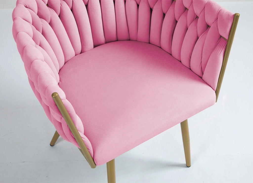 Poltrona Con Schienale In Velluto Intrecciato Design Moderno, Sedia Imbottita Circolare con Gambe in Metallo Placcato Oro Poltroncina  - Rosa Cipria
