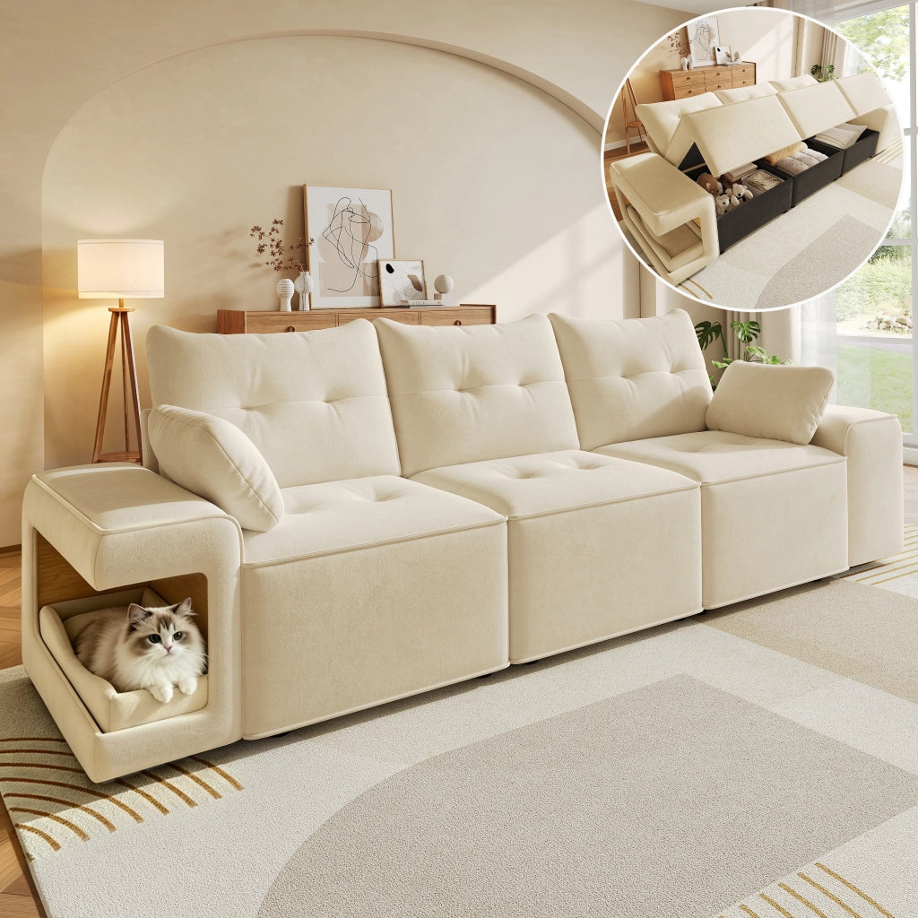 Divano modulare 3 posti con vani contenitore e nicchie imbottite per animali in velluto beige con 2 cuscini