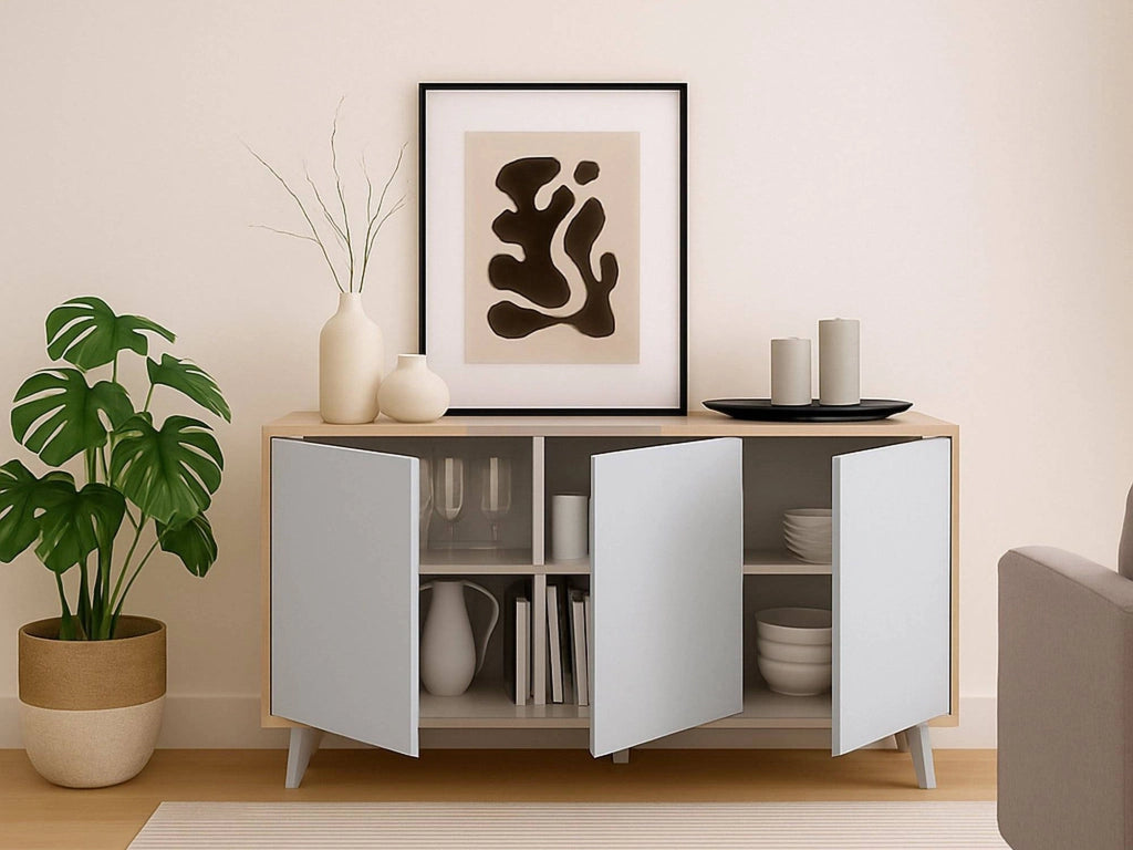 Credenza Annina, Buffet da soggiorno, Madia da salotto, Dispensa da cucina, 154x40h72 cm, Rovere e Bianco
