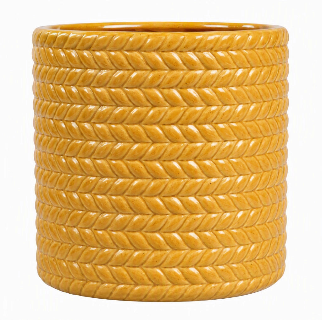 Vaso cilindrico Ø17,5 cm in ceramica gialla con rilievo e drenaggio per balcone