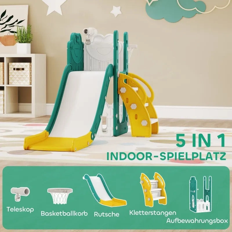 Set scivolo per bambini 5-in-1 con canestro da basket, telescopico, plastica, giallo e verde