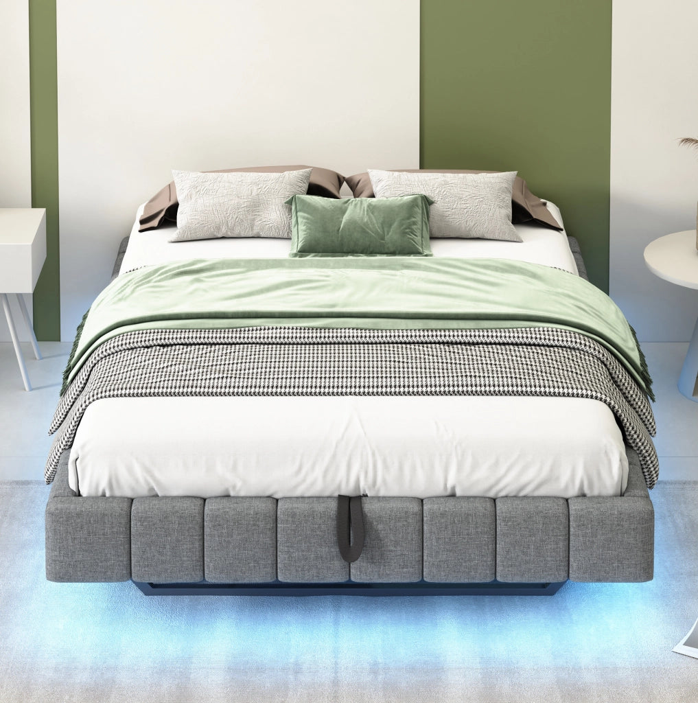 Letto imbottito flottante 140x200 cm con contenitore, LED a luce variabile, grigio