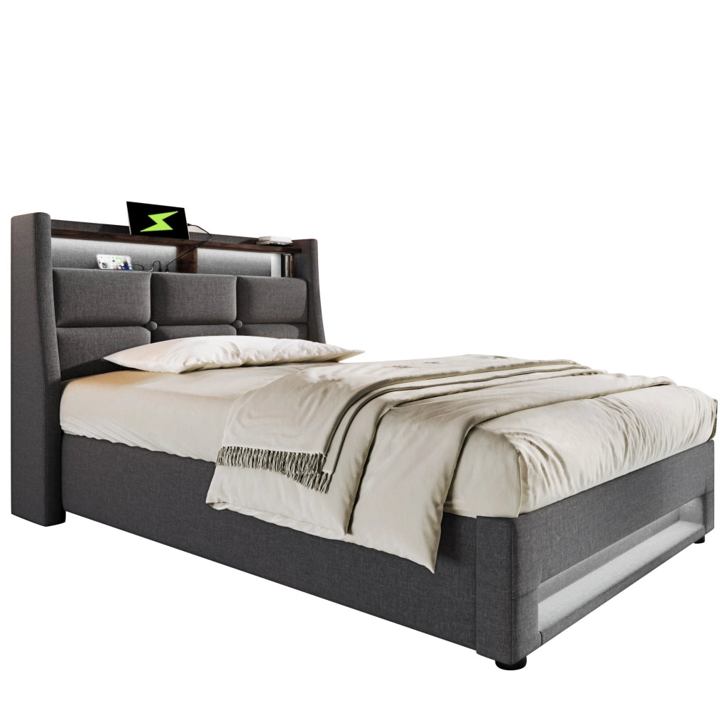 Letto singolo imbottito 90x200 cm con contenitore e luci LED