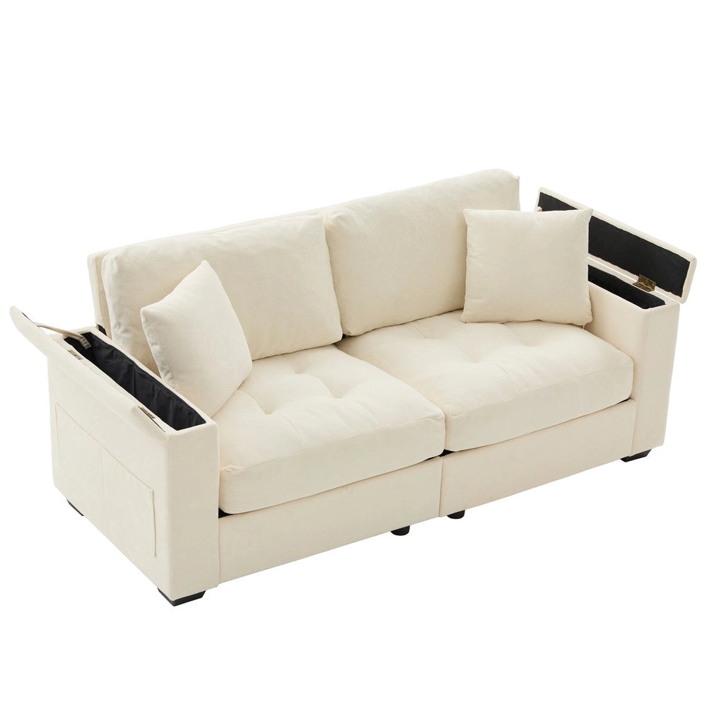 Divano 2 posti con contenitore ¨C Minimal ¨C Beige tessuto imbottito con cuscini