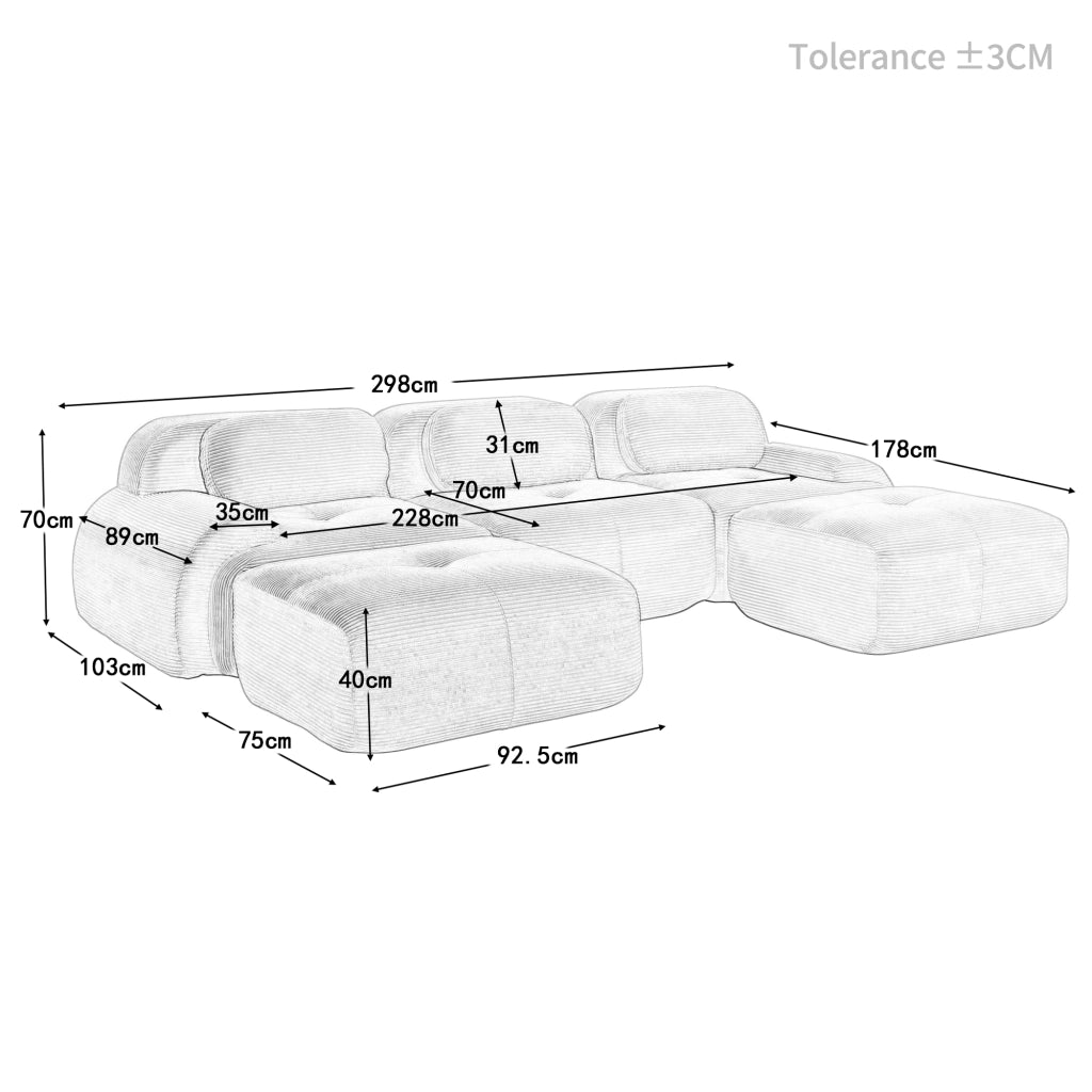 Divano Modulare a U in Velluto a Coste ¨C MINIMAL ¨C Beige, Braccioli Extra, Imbottito