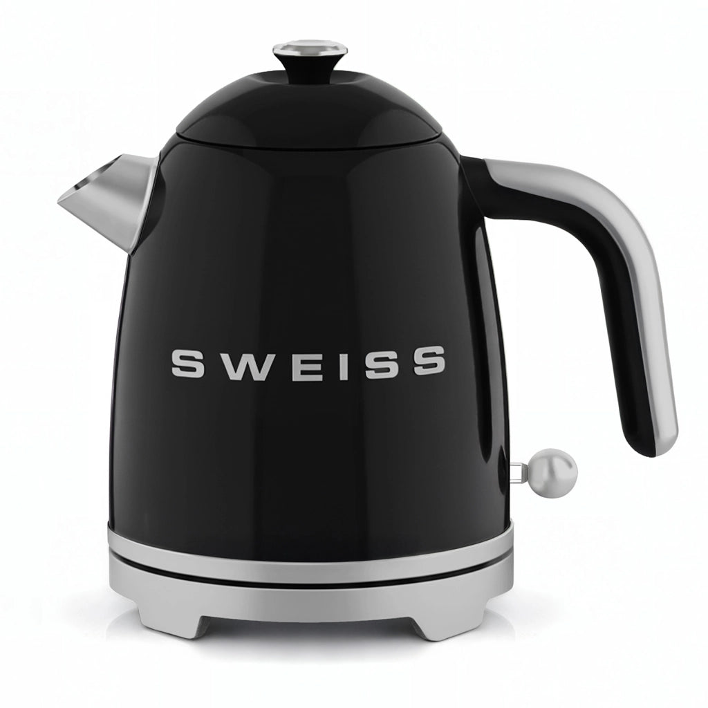 Bollitore elettrico vintage KTS7, 1 L, acciaio inox, 1000 W,Base girevole a 360°, Nero