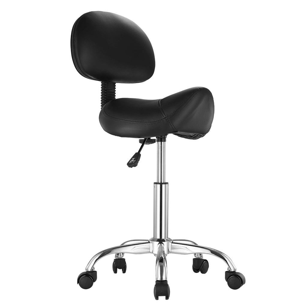 Sgabello da Sella con Ruote e Schienale MST003-4, Sedia Ergonomica Girevole Regolabile in Pelle PU, Portata 204 kg, Nero