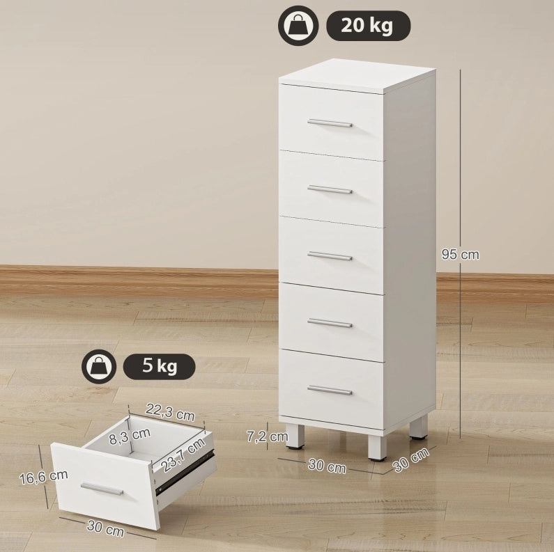 Mobile bagno stretto con 5 cassetti; bianco