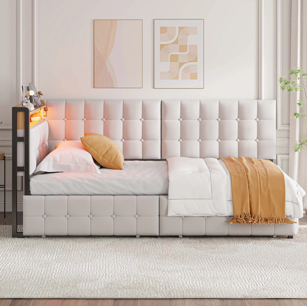 Divano letto imbottito 90x200 cm beige con LED, USB-C e 2 cassetti