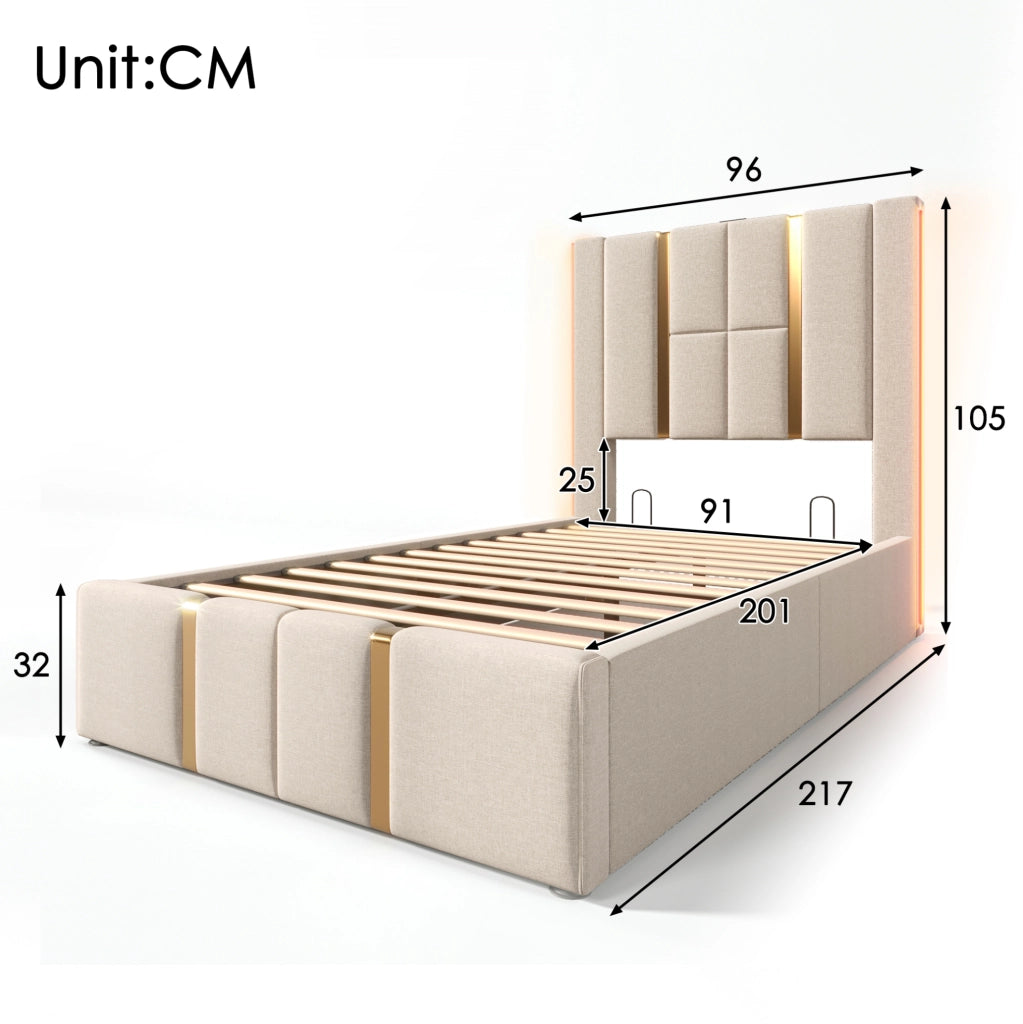 Letto imbottito 90x200 cm beige con materasso, LED e ricarica USB-C