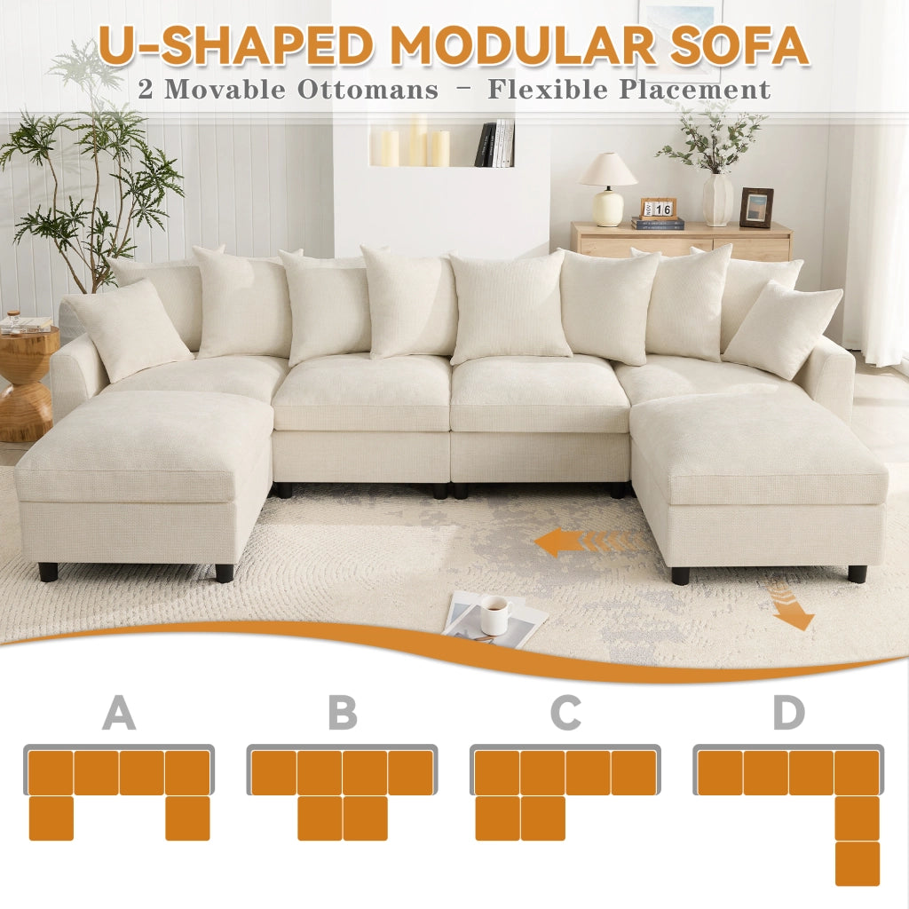Divano modulare 6 posti a U o L con 2 pouf prese USB e Type-C 8 cuscini regolabili in ciniglia beige
