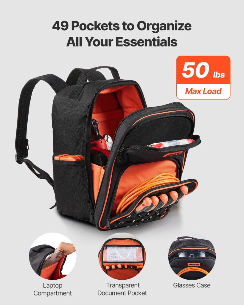 Zaino portautensili da lavoro 49 tasche in poliestere oxford 600D nero e arancione, borsa attrezzi ergonomica per cantiere ZL-GJD-0314