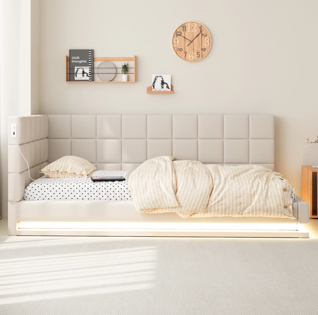 Divano letto imbottito 90x200 cm beige con LED e USB