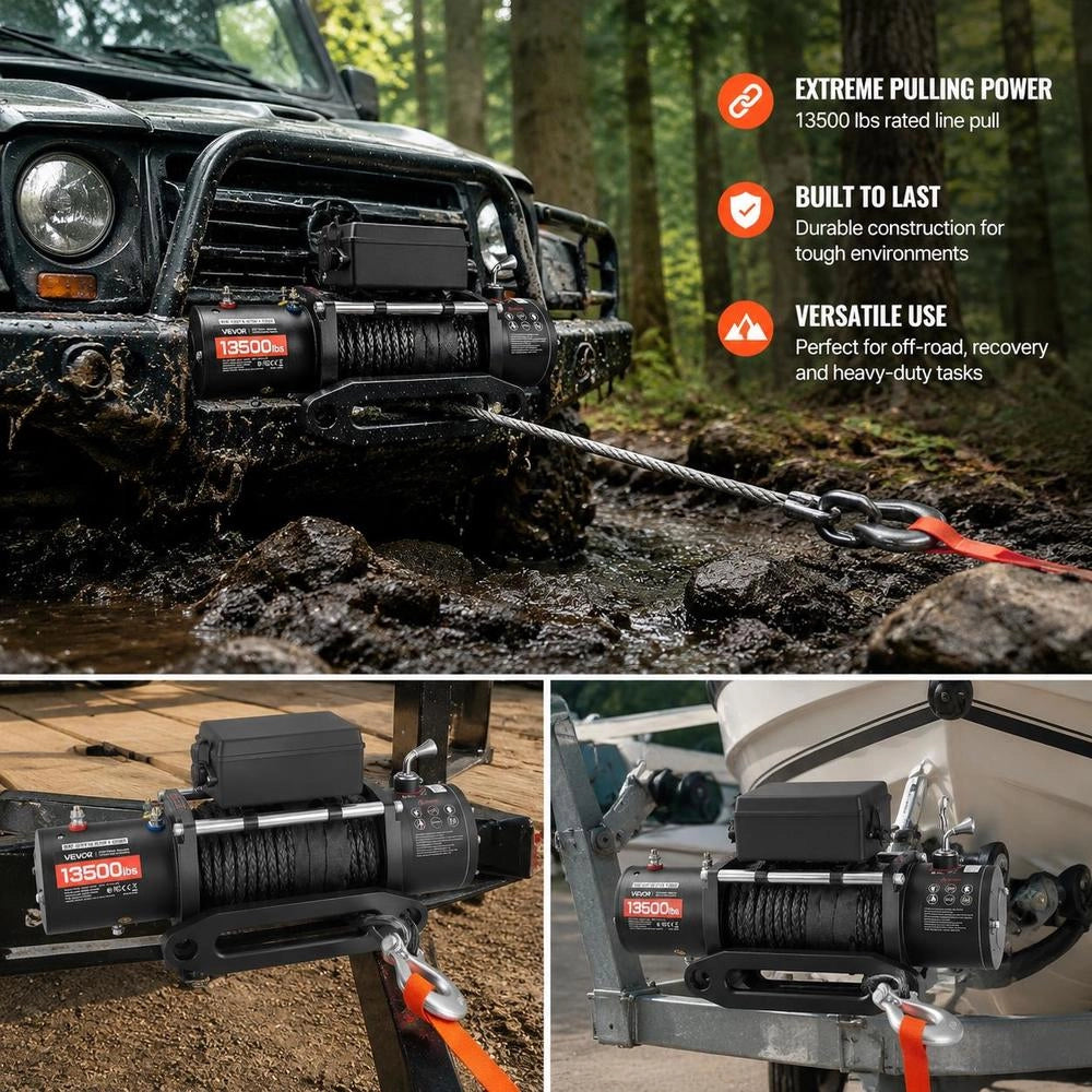 Electric Winch, 6100 Kg, 12 V DC Electric Winch With 26 M Synthetic Rope, Wireless & Wired Remote Control, IP55, For Towing Off-road Vehicles, Jeeps, Trailers & Boats