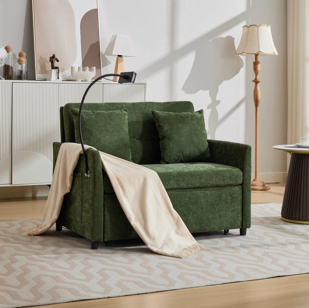 Divano letto singolo pieghevole con USB e supporto tablet verde HOMVRA