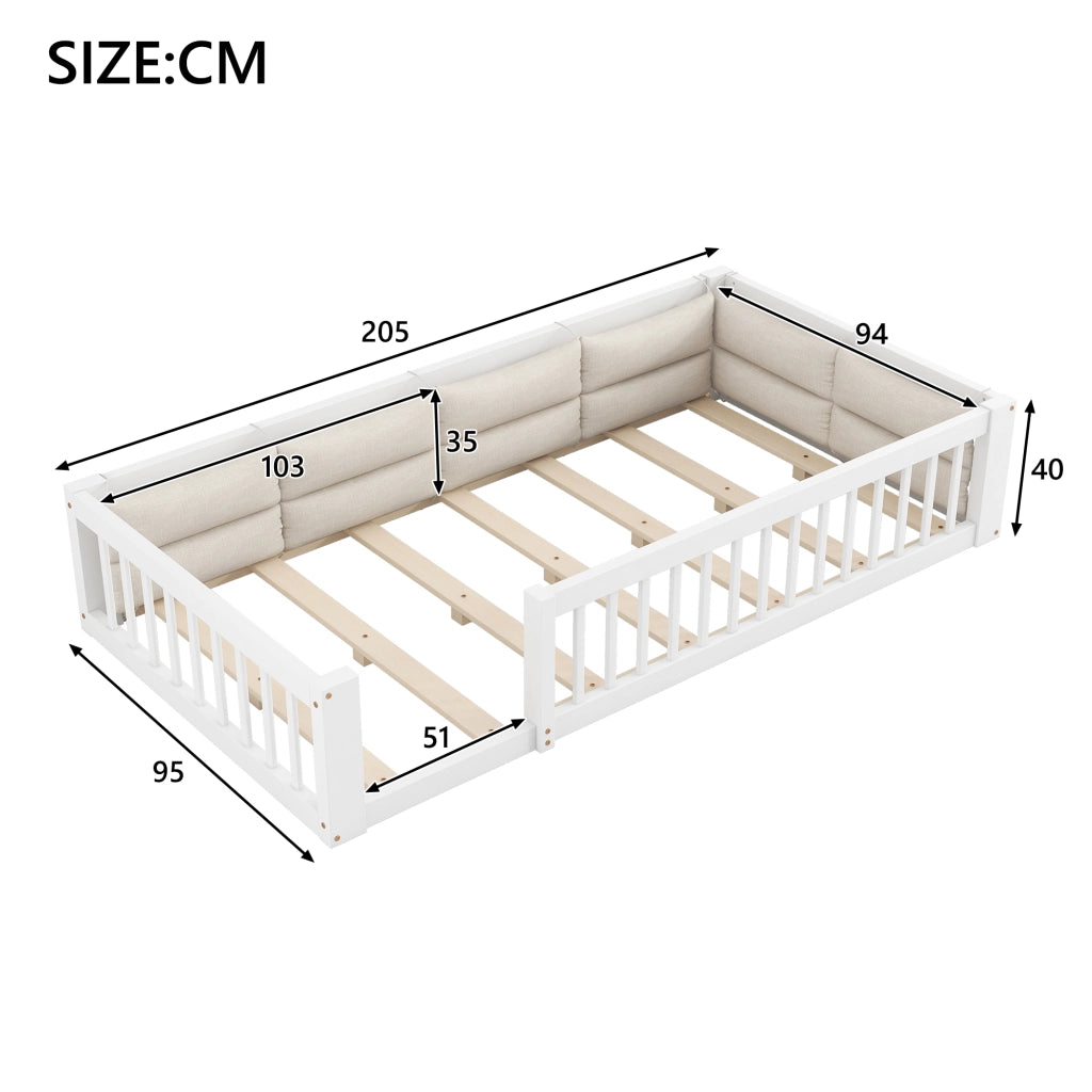 Letto a piattaforma 90 x 200 cm, legno massiccio e MDF, bianco, con barriere di sicurezza e cuscini