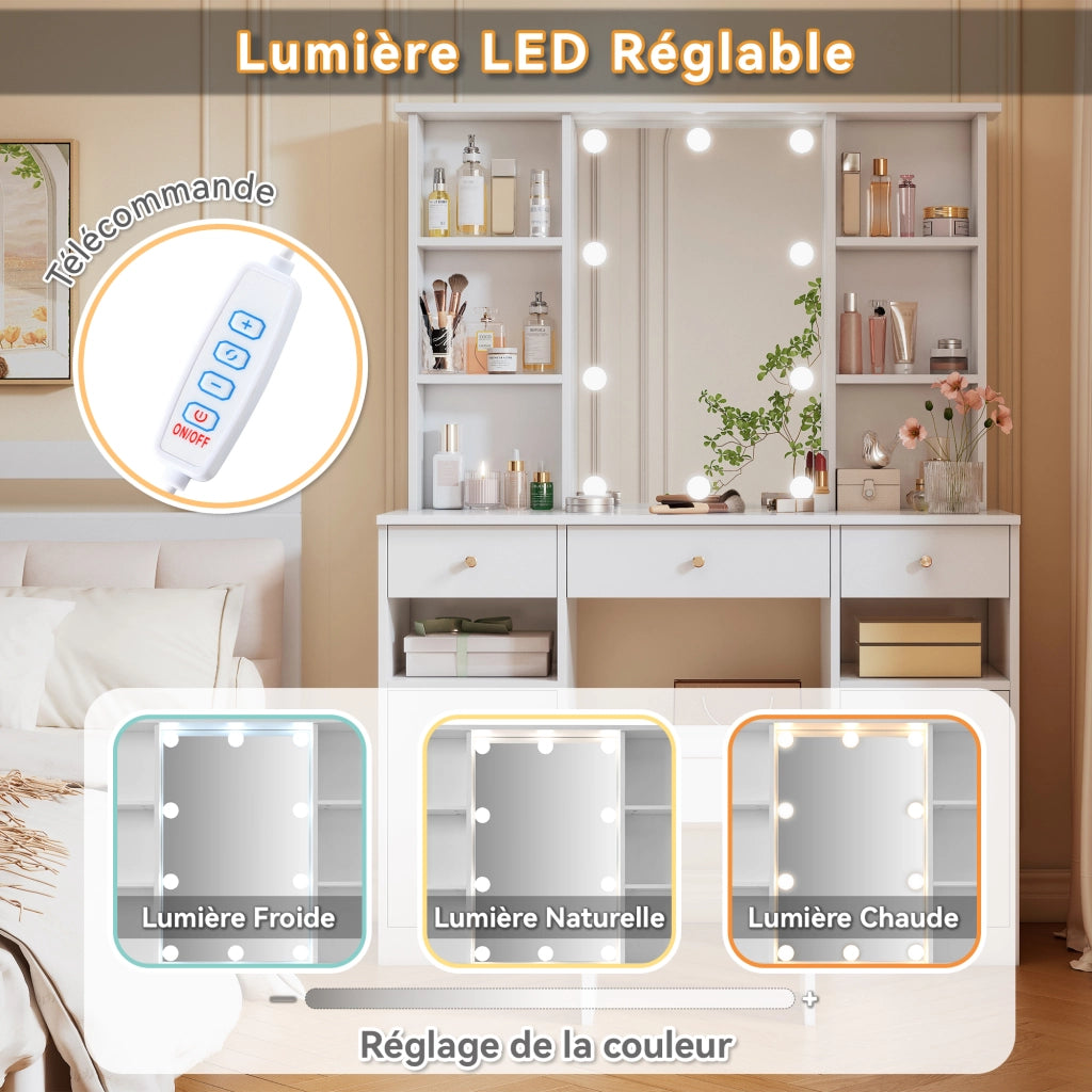 Tavolo da toeletta con specchio LED, 3 cassetti, 2 ante e 4 ripiani, per camera, bianco, 110 × 40 × 151 cm