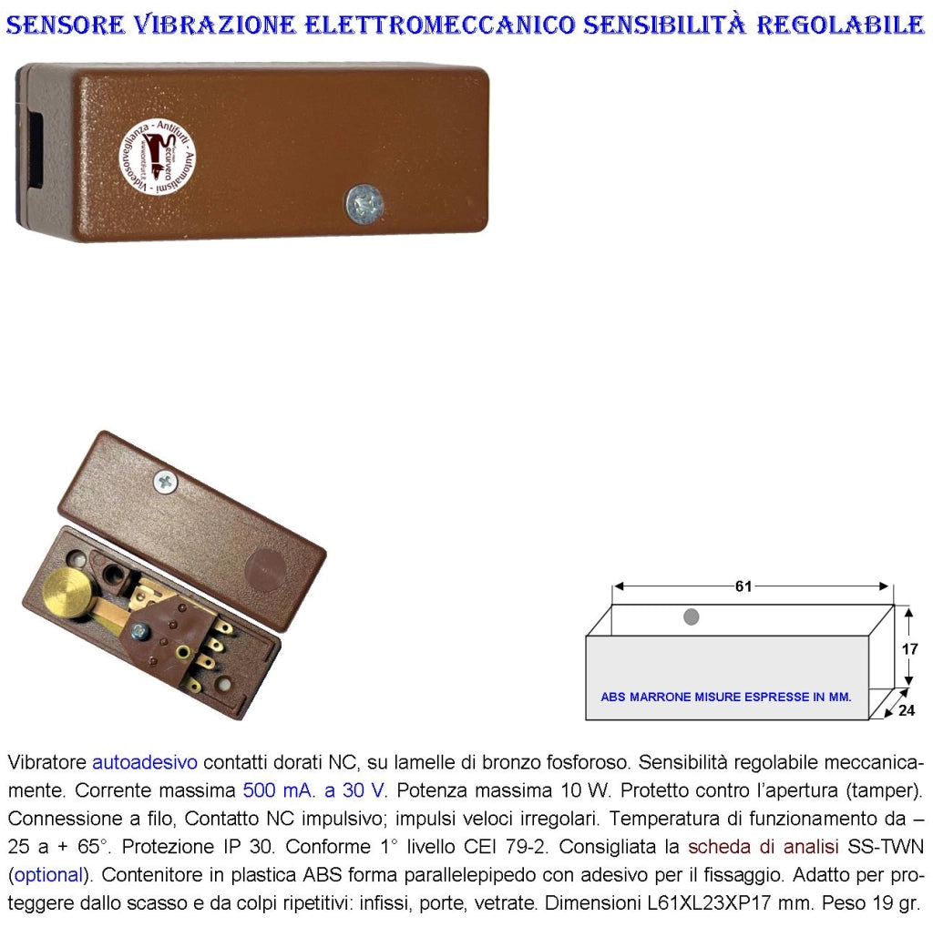 Sensore di Scasso Rileva le Vibrazioni Continue Due Pezzi Per Antifurto Via Filo Di Inferriate Porte Vetrate Martelletto Regolabile Contatto Allarme NC Tamper Contenitore Adesivo ABS Marrone IP30