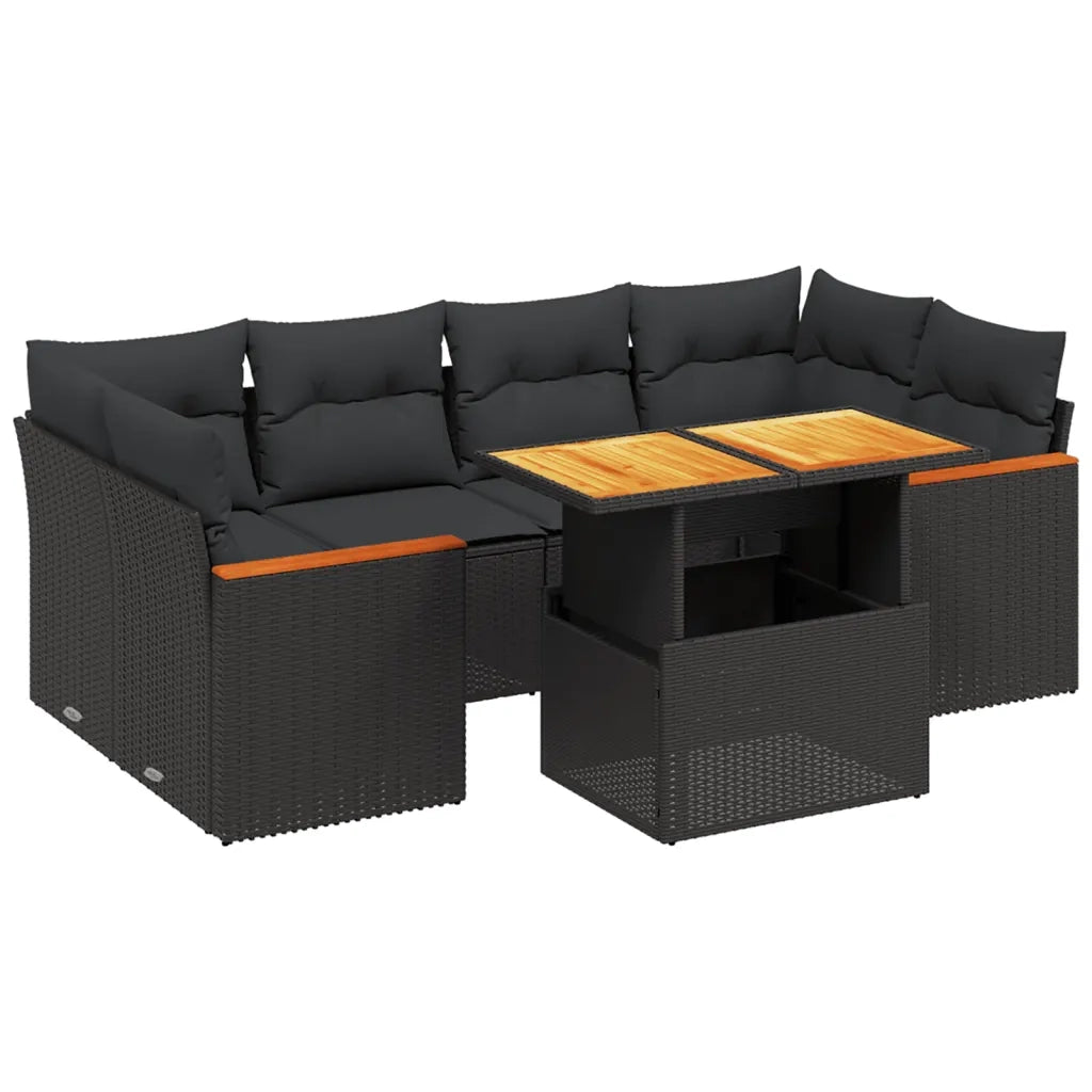 Set Divani da Giardino con Cuscini 7pz Nero Polyrattan