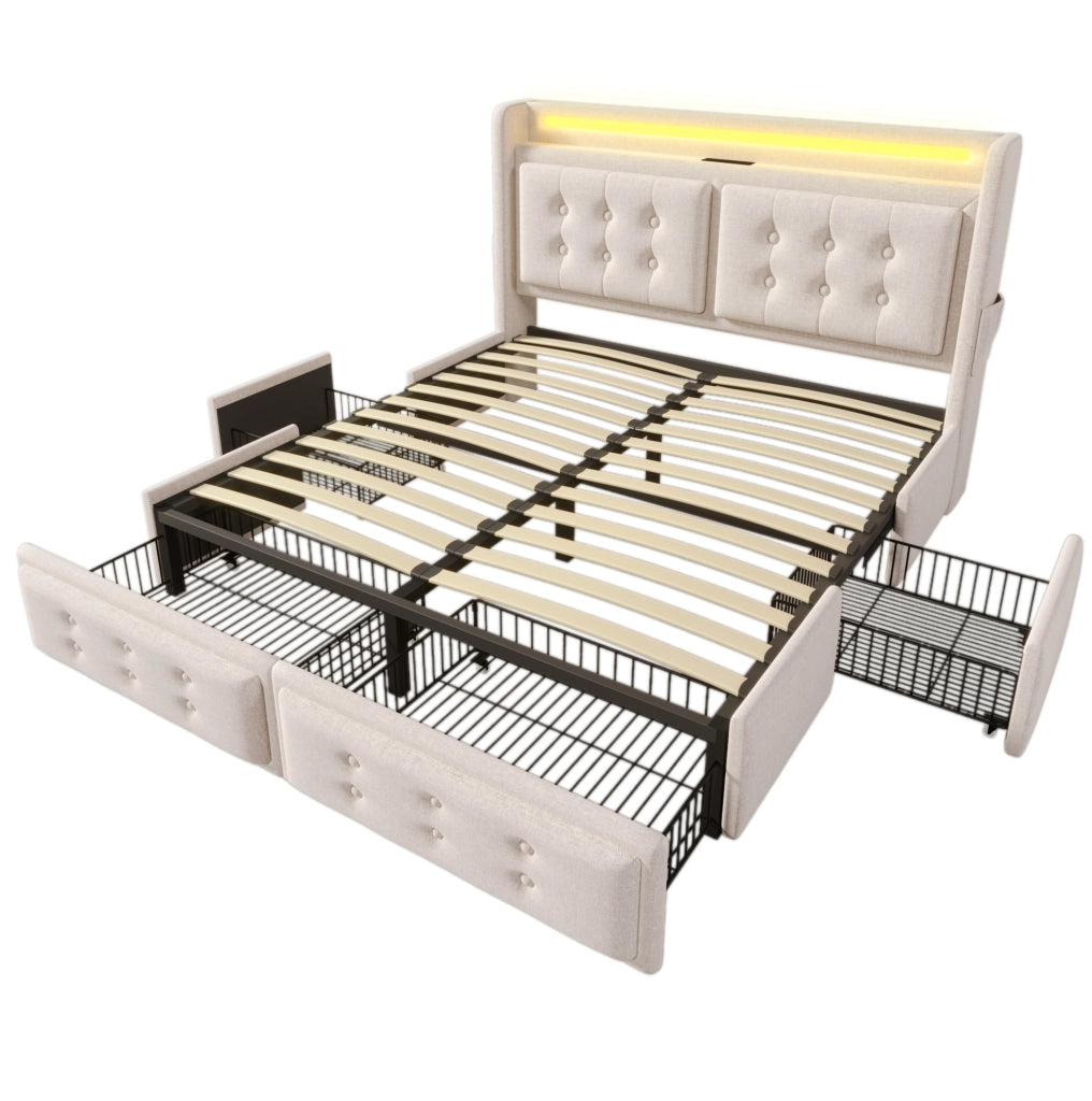 Letto 140x200 cm con LED, USB e USB-C, 4 cassetti e rete a doghe in beige