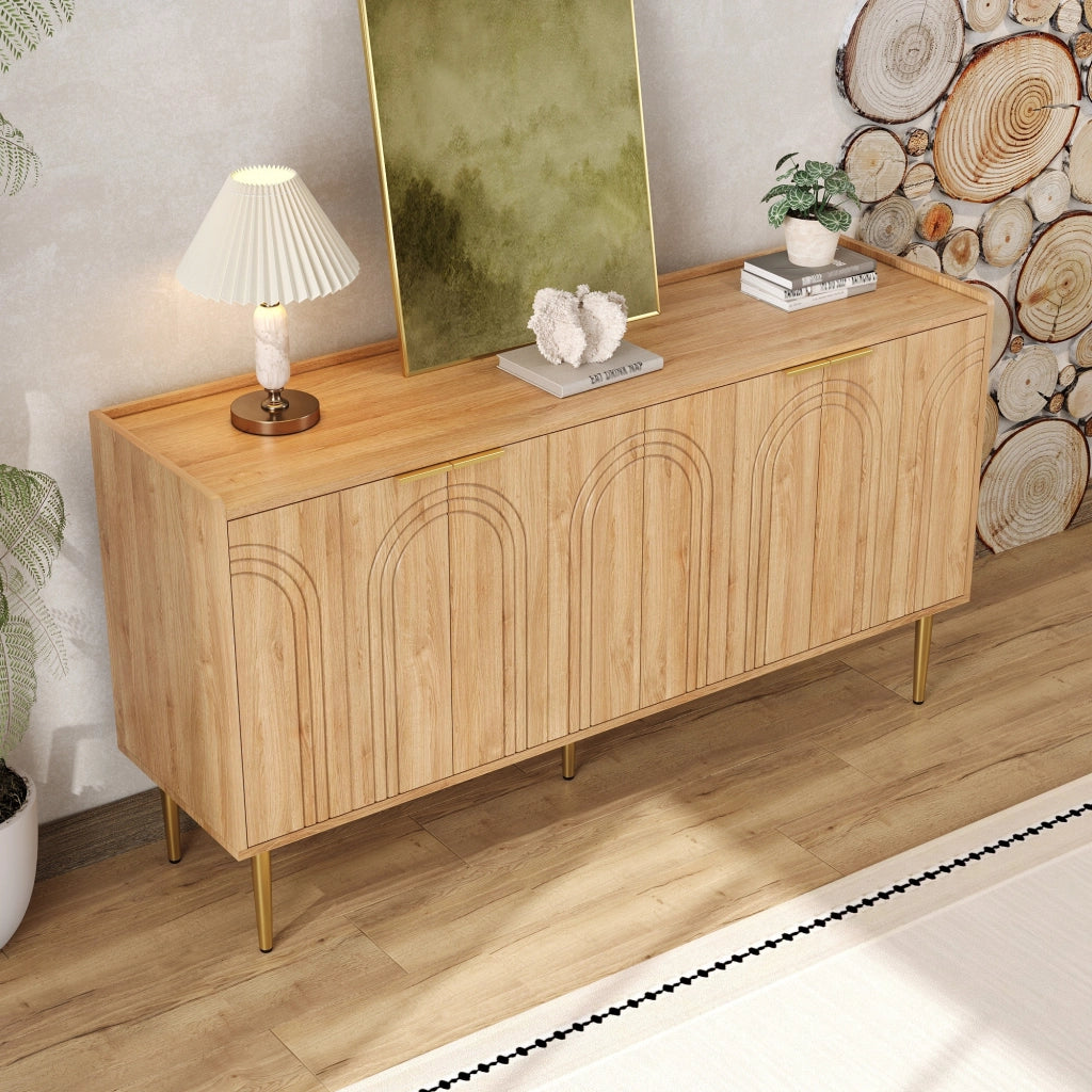 Madia a 4 ante con ripiani regolabili in MDF naturale e gambe in ferro dorato per soggiorno 140 × 38 × 75 cm