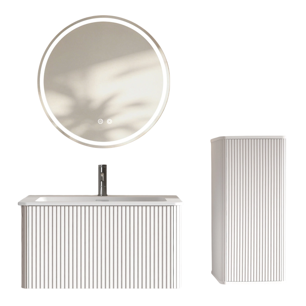 Set mobile bagno bianco con lavabo, specchio LED e colonna laterale