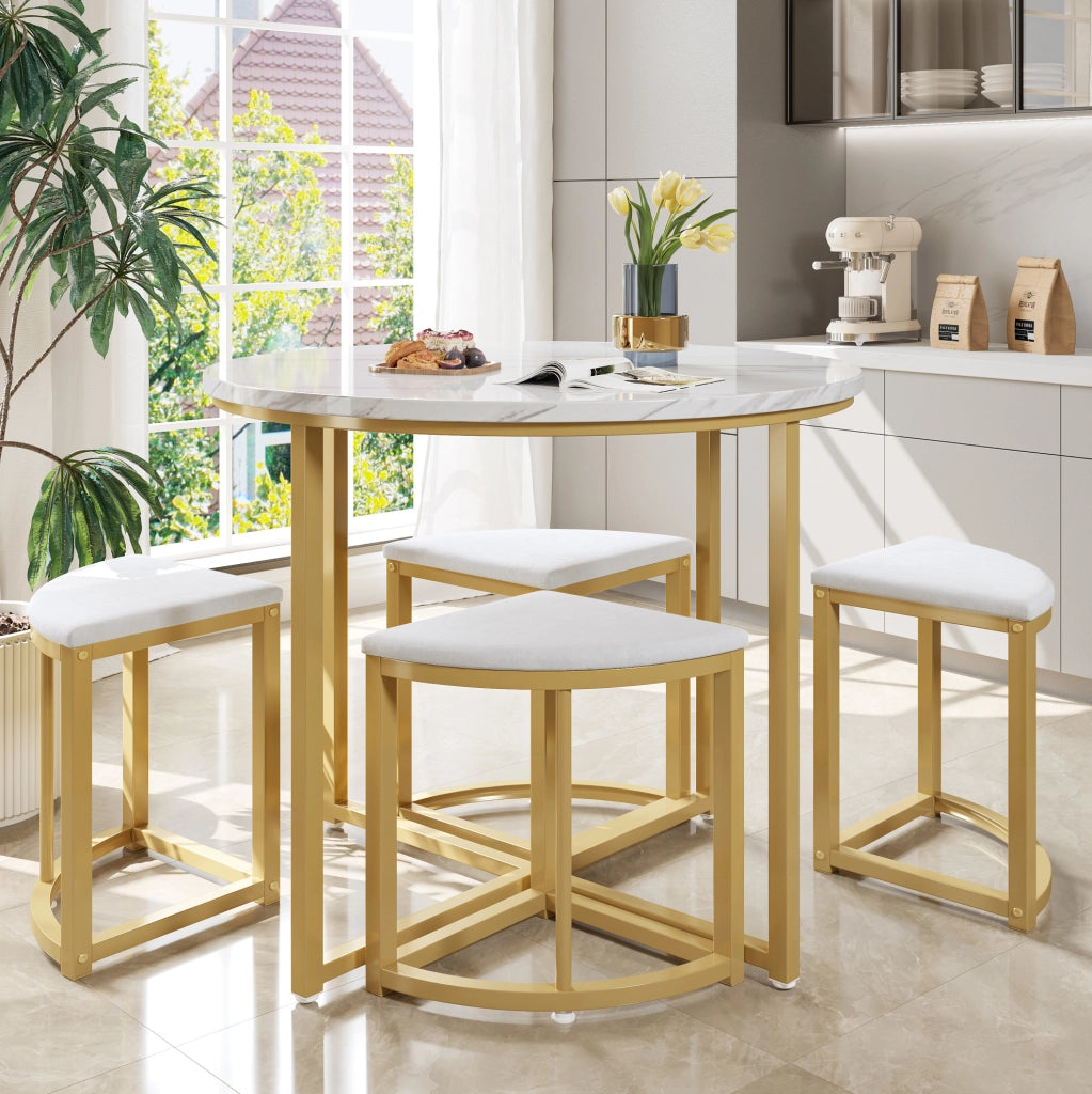 TAVOLO da pranzo rotondo 80 cm MDF bianco e oro Set da 5 pezzi