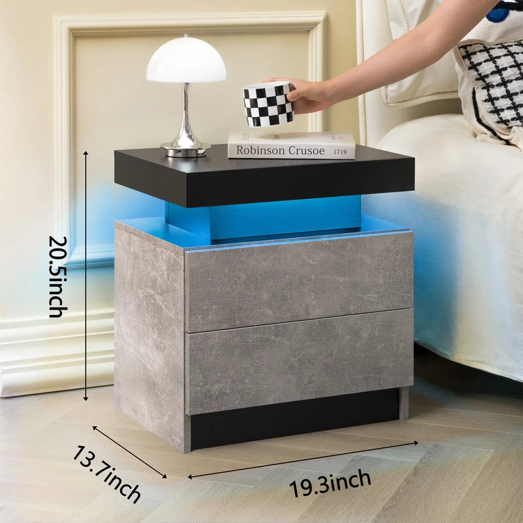 Comodino moderno con 2 cassetti, luci LED integrate, grigio