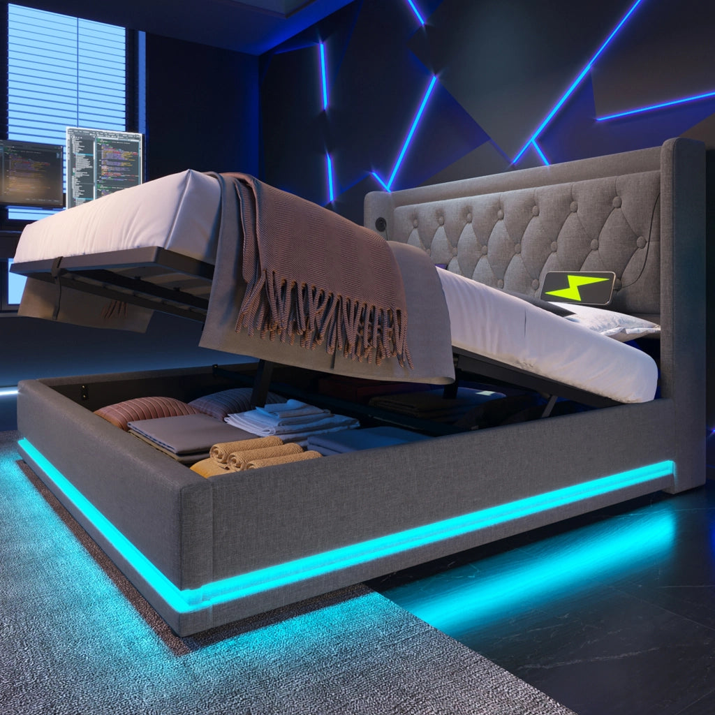 Letto contenitore 160x200 con LED su 3 lati; USB-C e testiera capitonné; cotone grigio