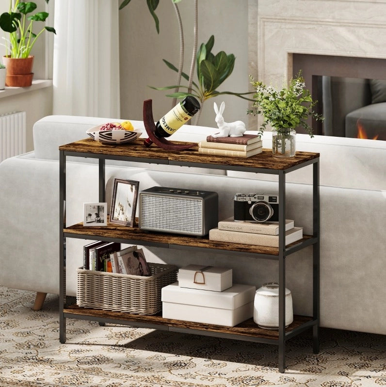 Tavolo consolle industriale 3 ripiani marrone rustico 101×35×80 cm