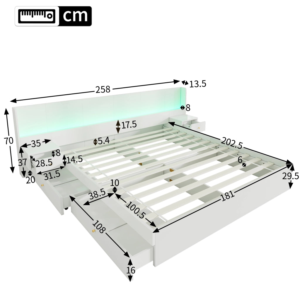 LETTO Matrimoniale 180x200 cm MDF Bianco con USB, LED, 2 comodini e cassetti