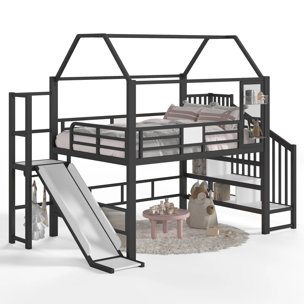 Letto a soppalco per bambini 140 × 200 cm con scivolo scala LED Bluetooth in MDF e metallo nero